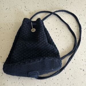 The Sak Crochet Navy Blue Backpack Drawstring Shoulder Bag Handmade EUC